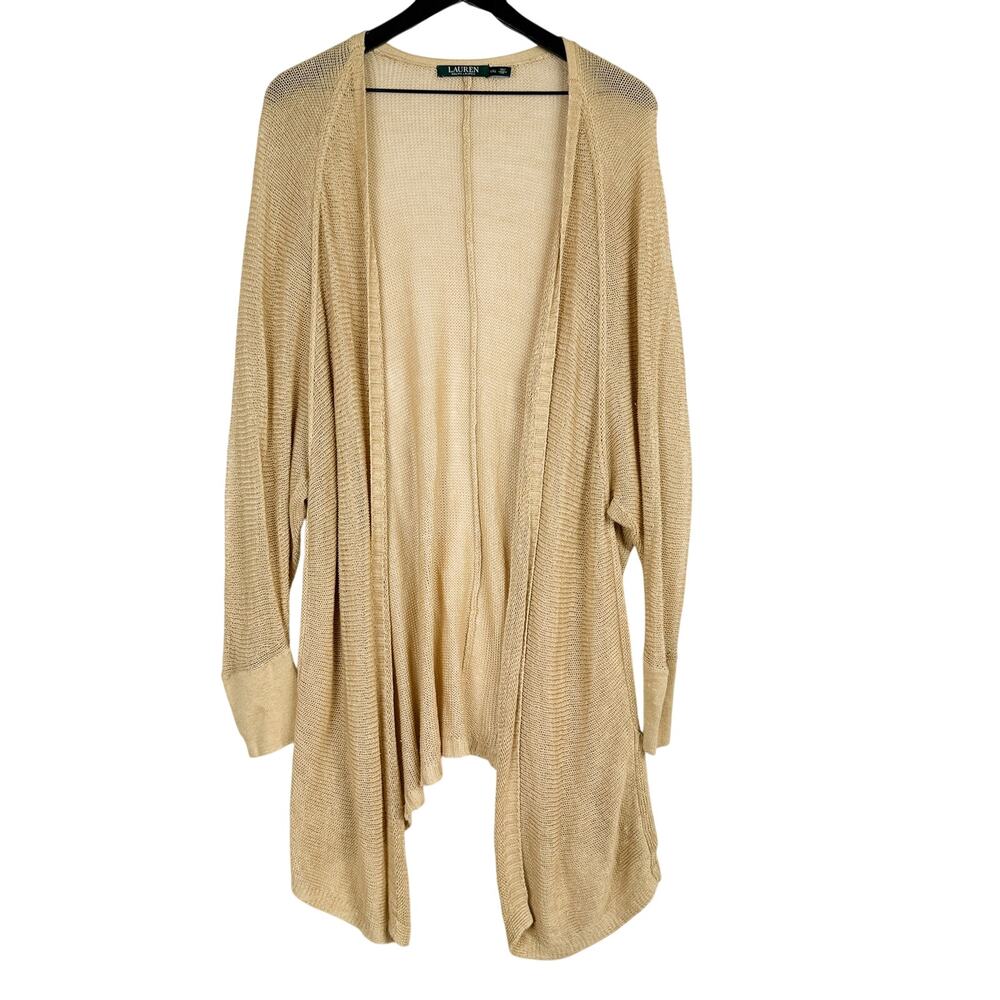 Lauren Ralph Lauren Linen Blend Knit Open Cardigan Sweater Beige - 2XL XXL